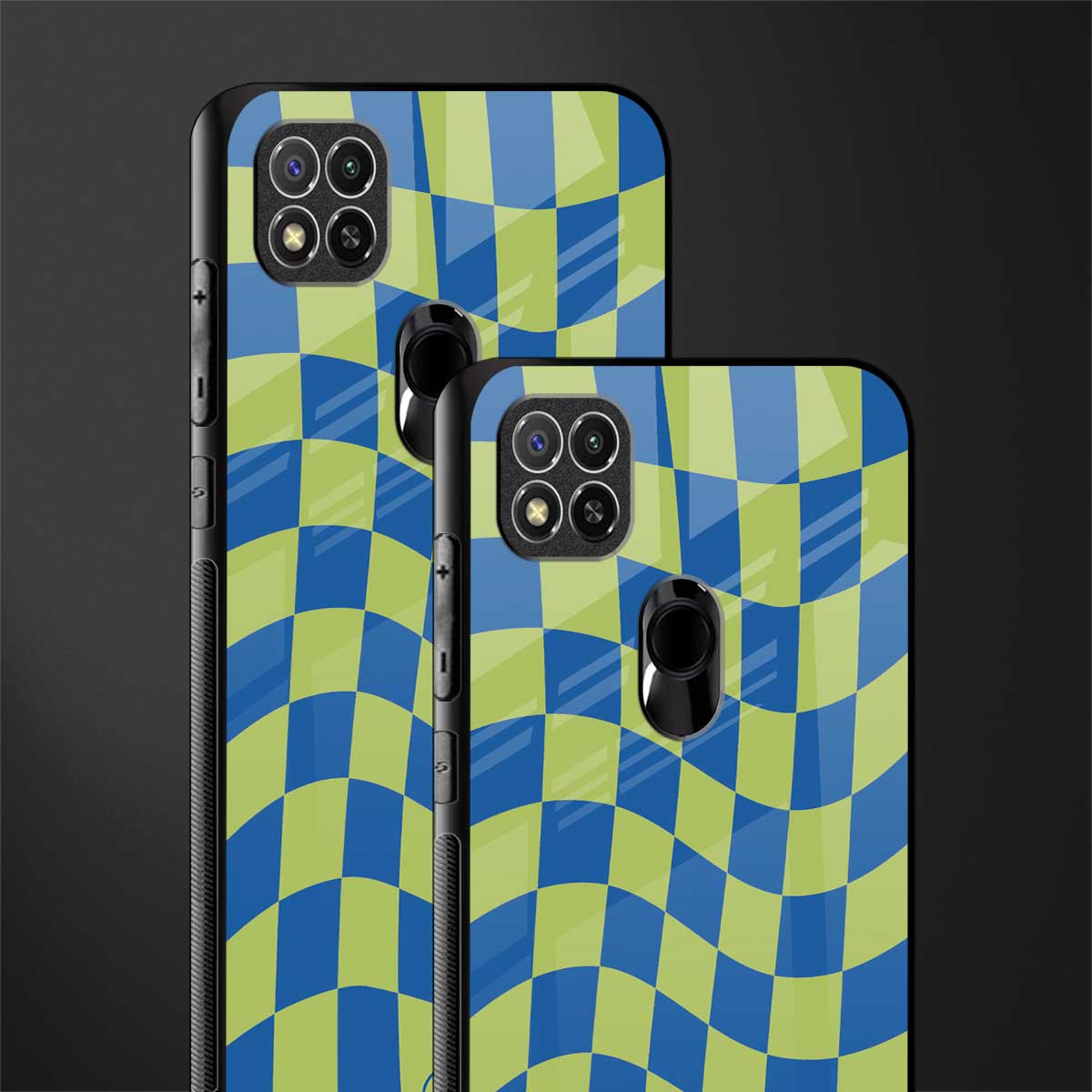 green blue trippy check pattern glass case for poco c31 image-2