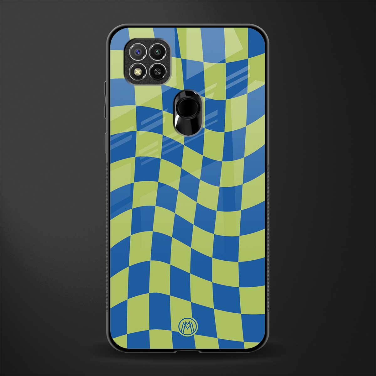 green blue trippy check pattern glass case for poco c31 image