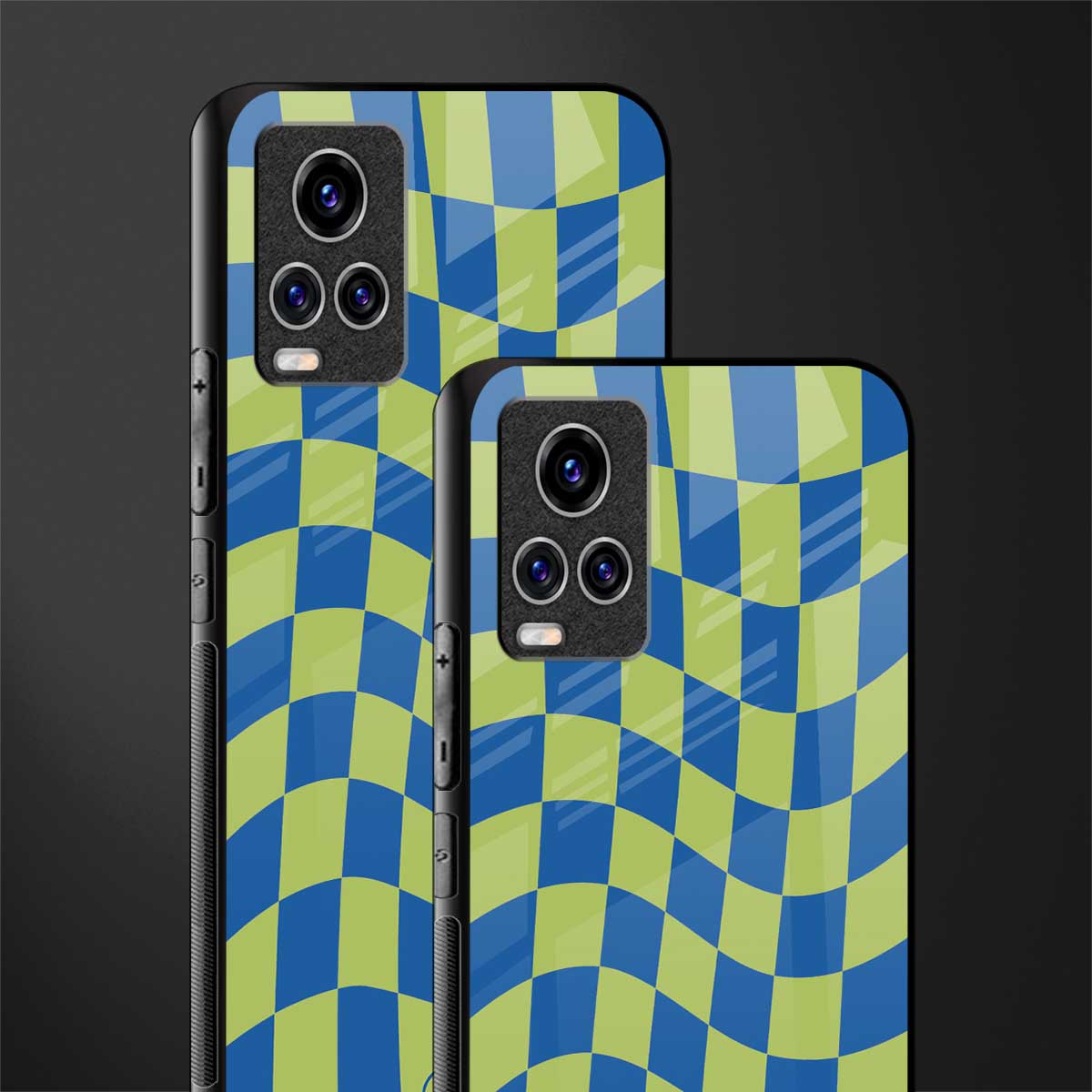 green blue trippy check pattern glass case for vivo v20 pro image-2