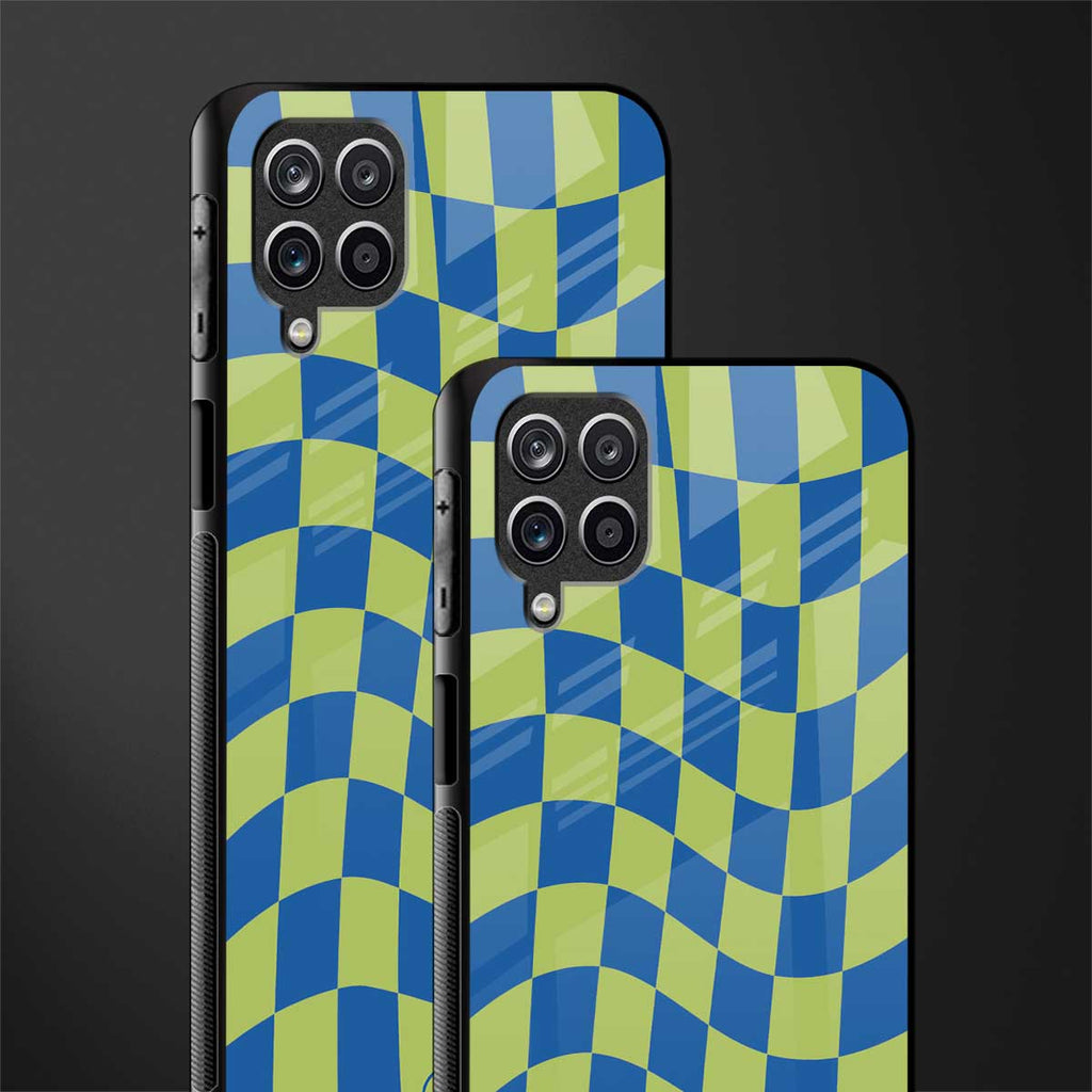 green blue trippy check pattern glass case for samsung galaxy a12 image-2