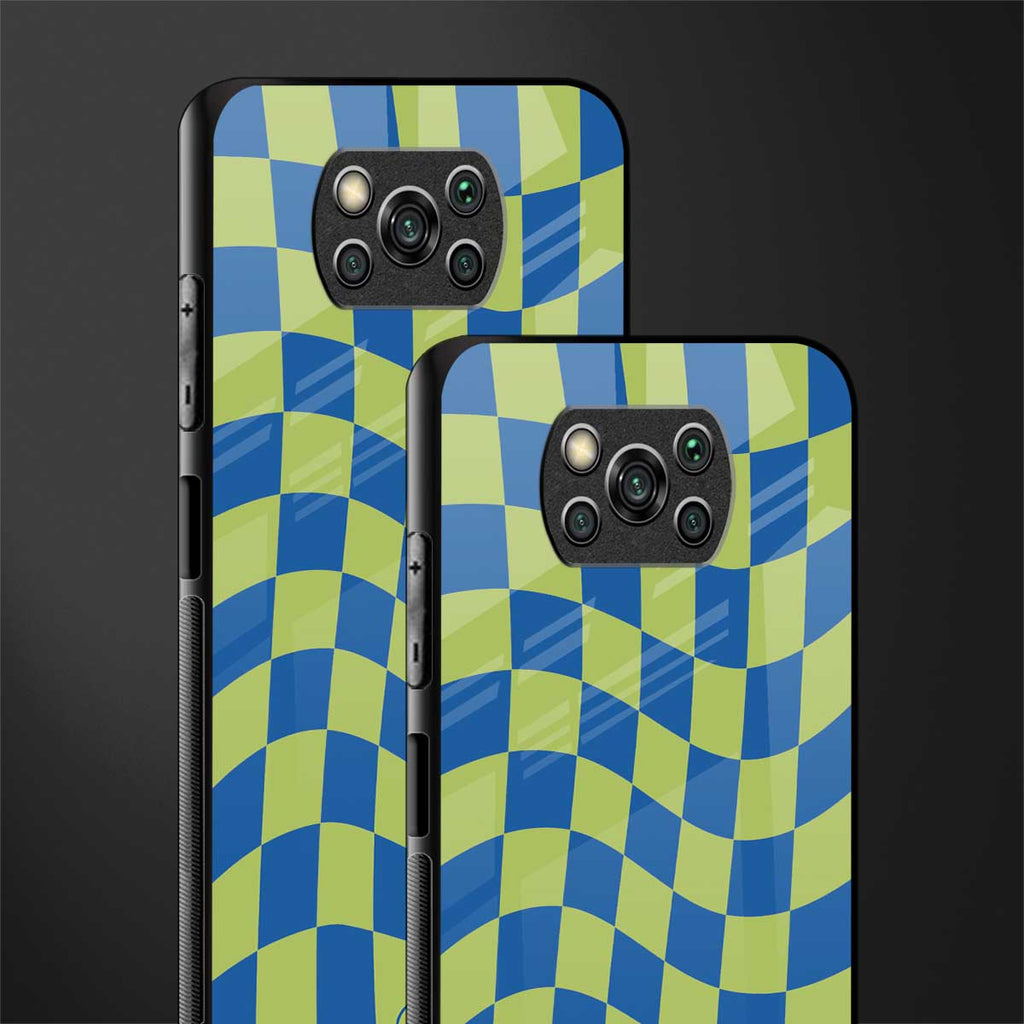 green blue trippy check pattern glass case for poco x3 image-2