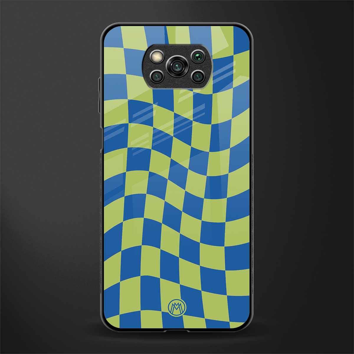 green blue trippy check pattern glass case for poco x3 image