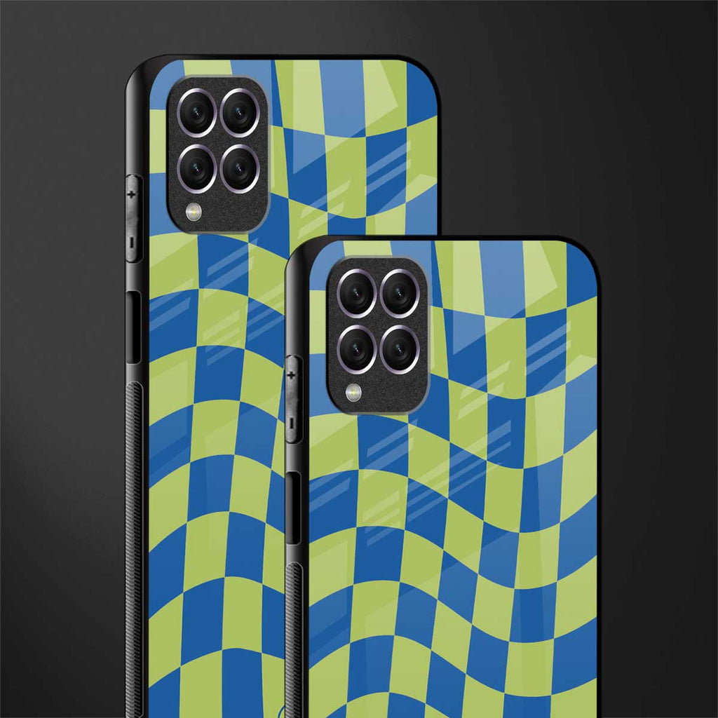 green blue trippy check pattern glass case for samsung galaxy f62 image-2