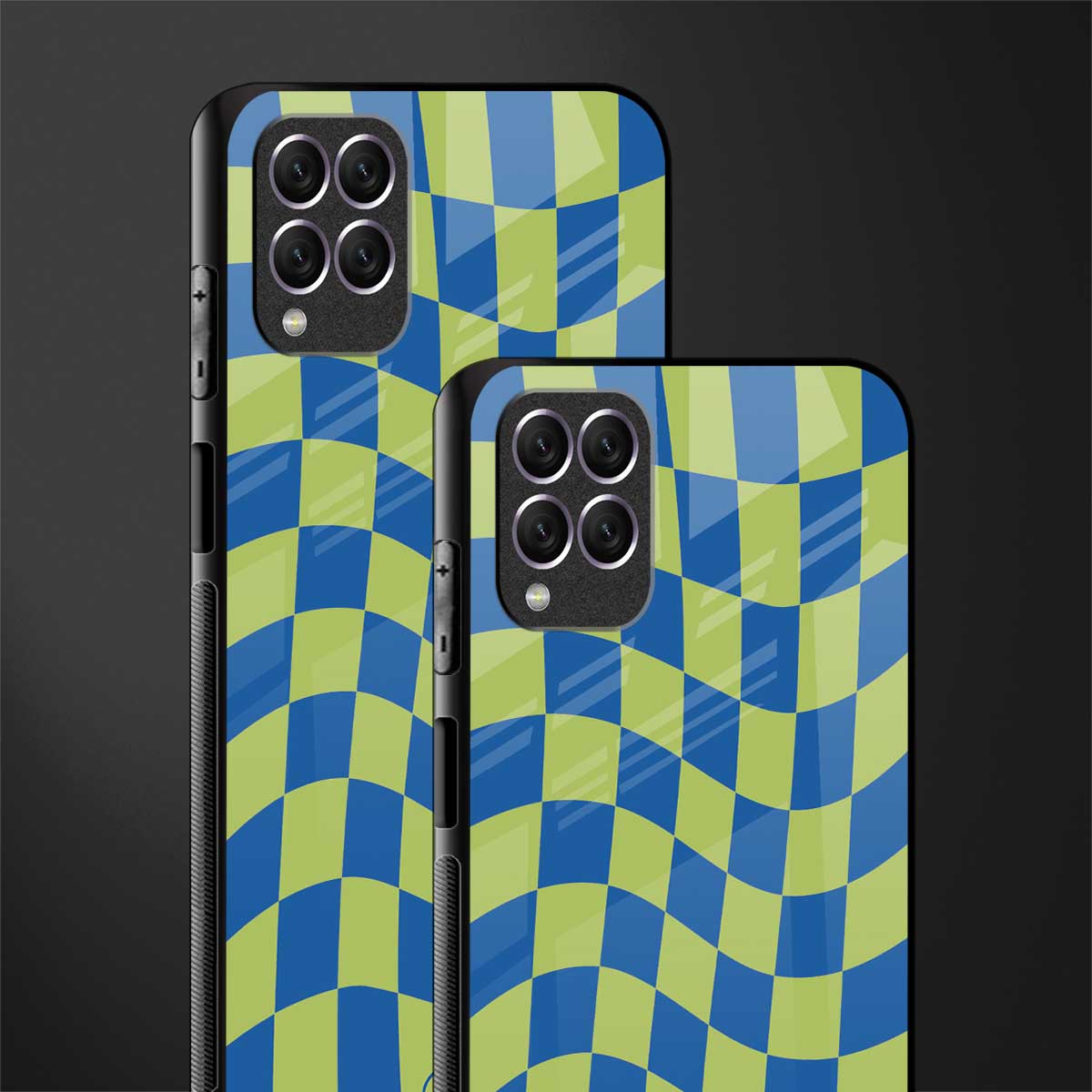 green blue trippy check pattern glass case for samsung galaxy f62 image-2
