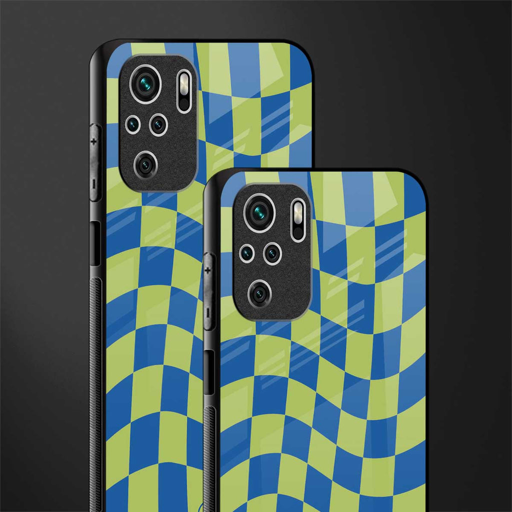 green blue trippy check pattern glass case for redmi note 10 image-2