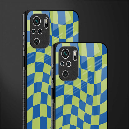 green blue trippy check pattern glass case for redmi note 10 image-2