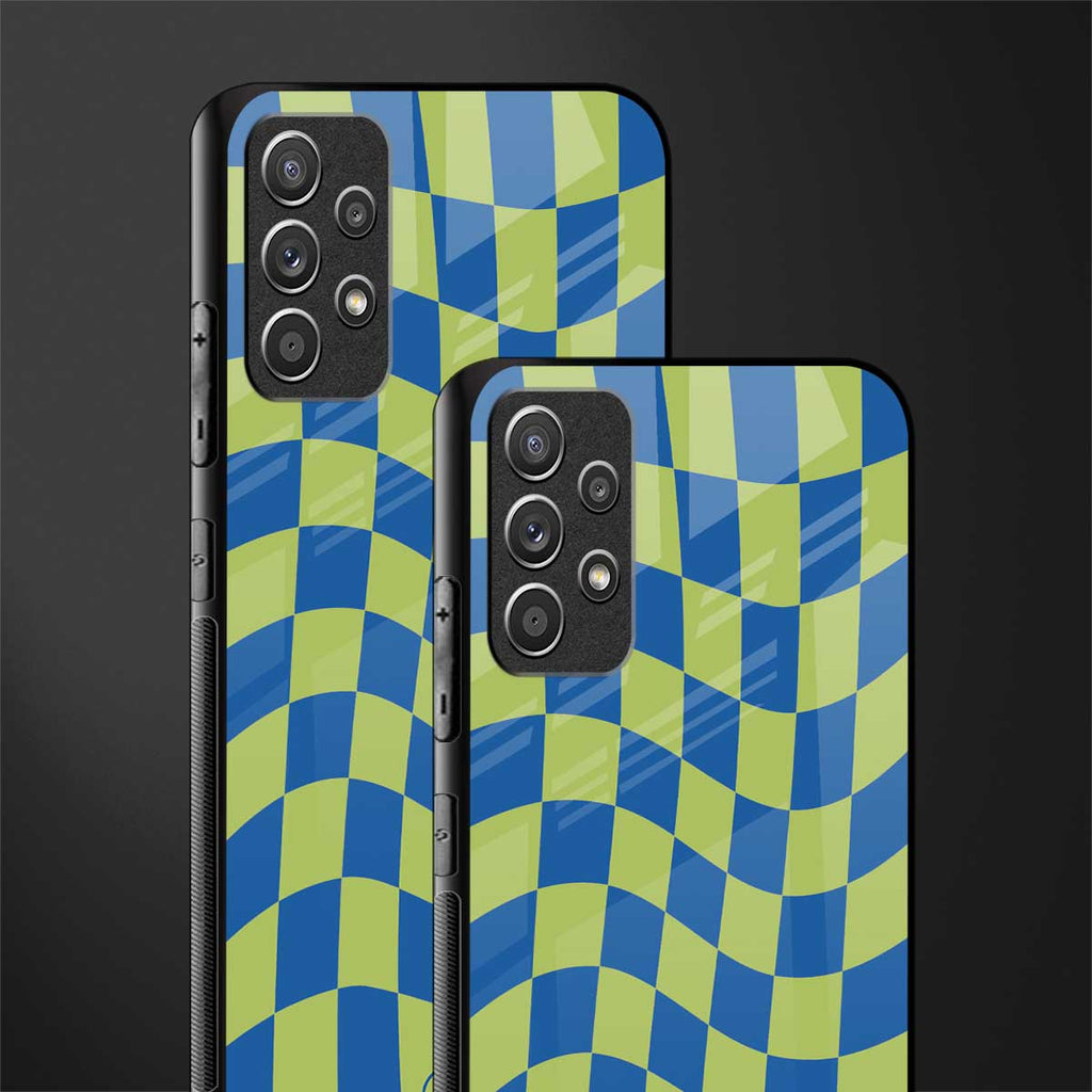 green blue trippy check pattern glass case for samsung galaxy a72 image-2