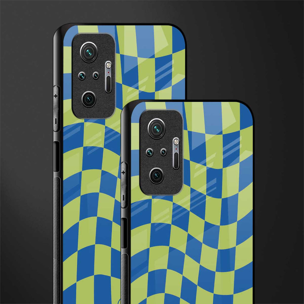 green blue trippy check pattern glass case for redmi note 10 pro image-2