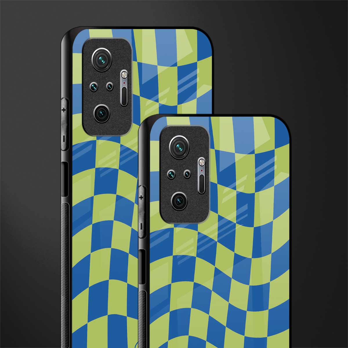 green blue trippy check pattern glass case for redmi note 10 pro image-2
