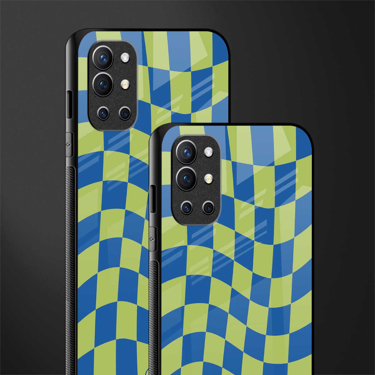 green blue trippy check pattern glass case for oneplus 9r image-2