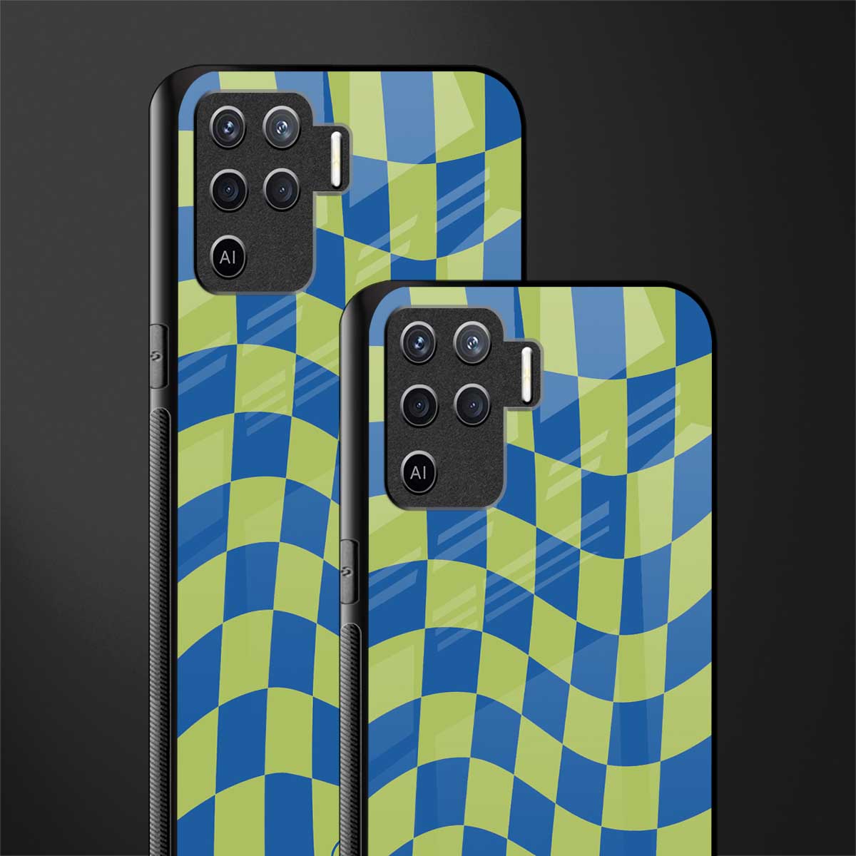 green blue trippy check pattern glass case for oppo f19 pro image-2