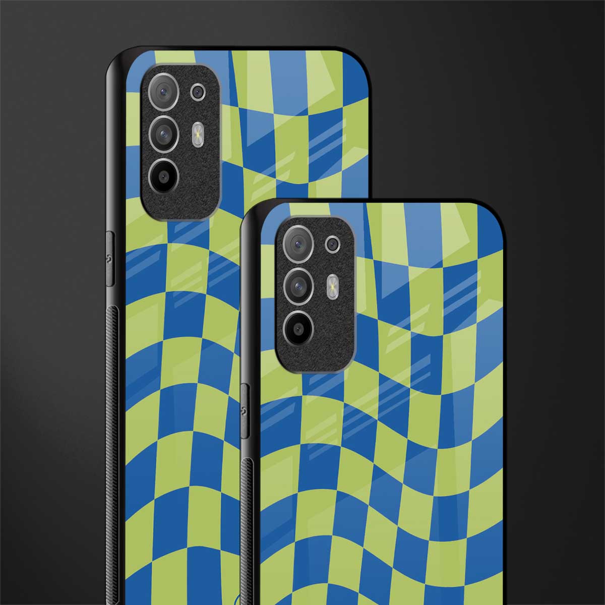 green blue trippy check pattern glass case for oppo f19 pro plus image-2