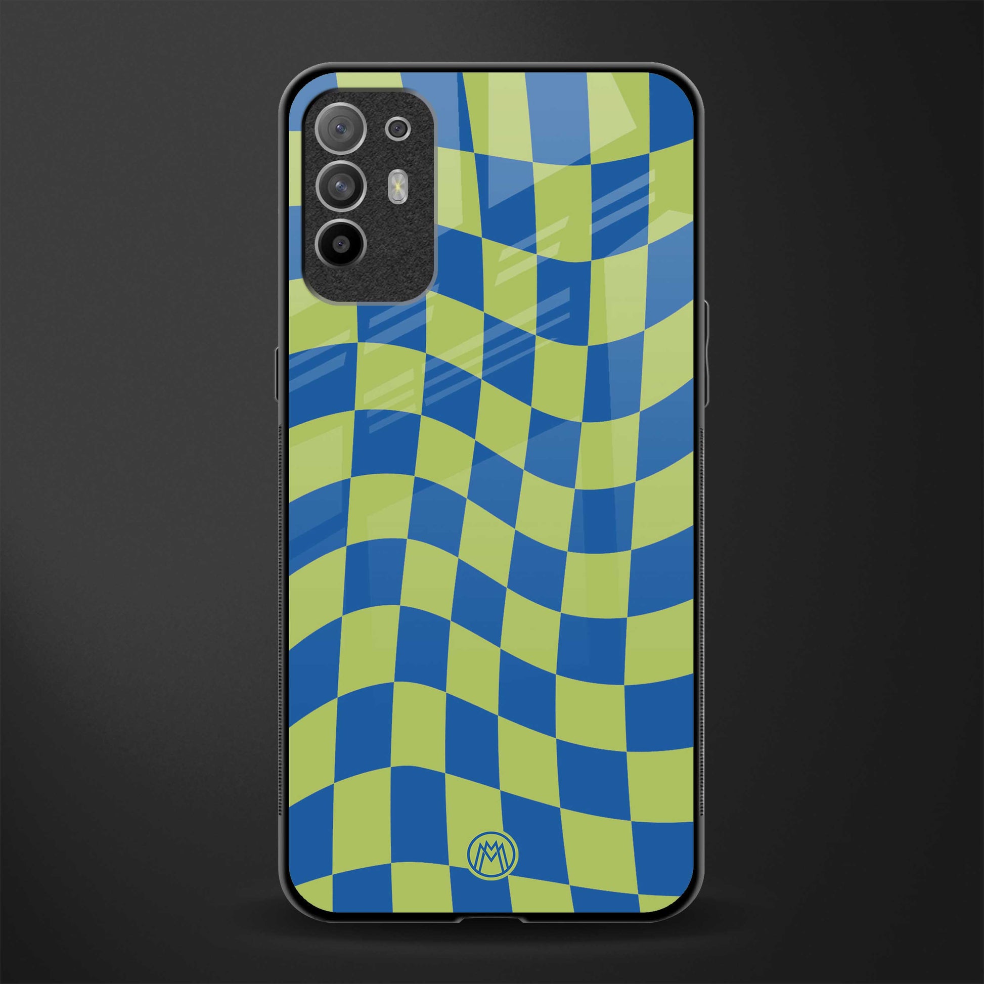 green blue trippy check pattern glass case for oppo f19 pro plus image