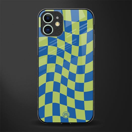 green blue trippy check pattern glass case for iphone 12 image