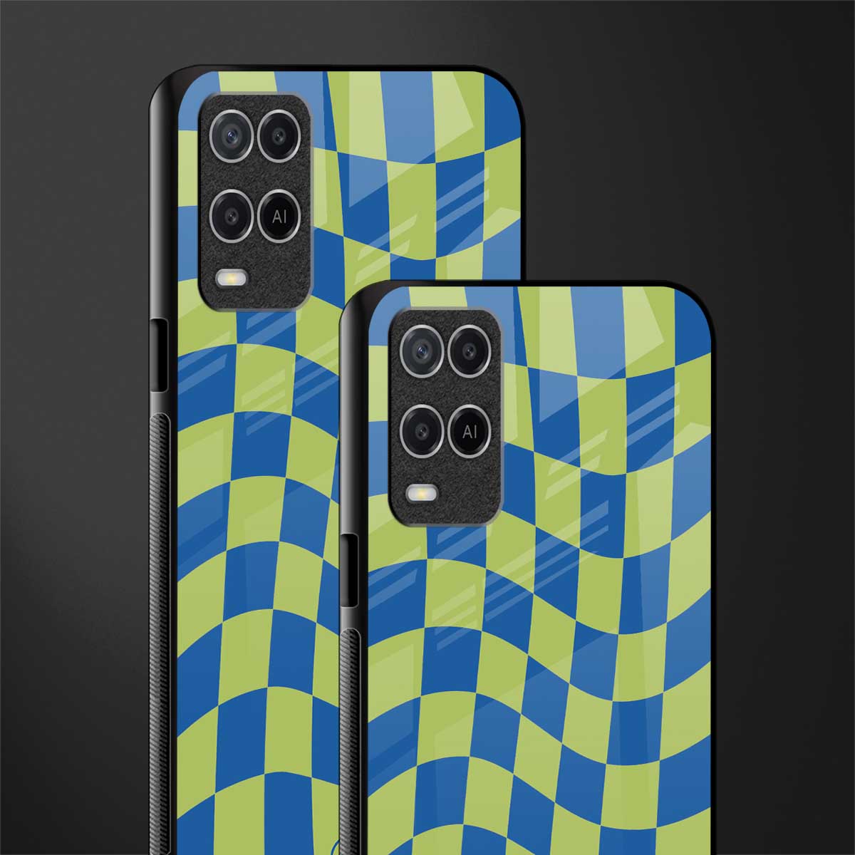 green blue trippy check pattern glass case for oppo a54 image-2