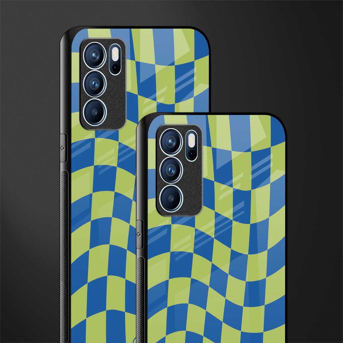 green blue trippy check pattern glass case for oppo reno6 pro 5g image-2