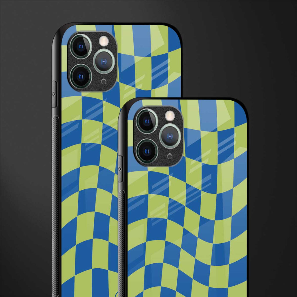 green blue trippy check pattern glass case for iphone 11 pro max image-2
