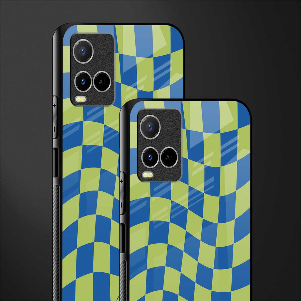 green blue trippy check pattern glass case for vivo y21s image-2