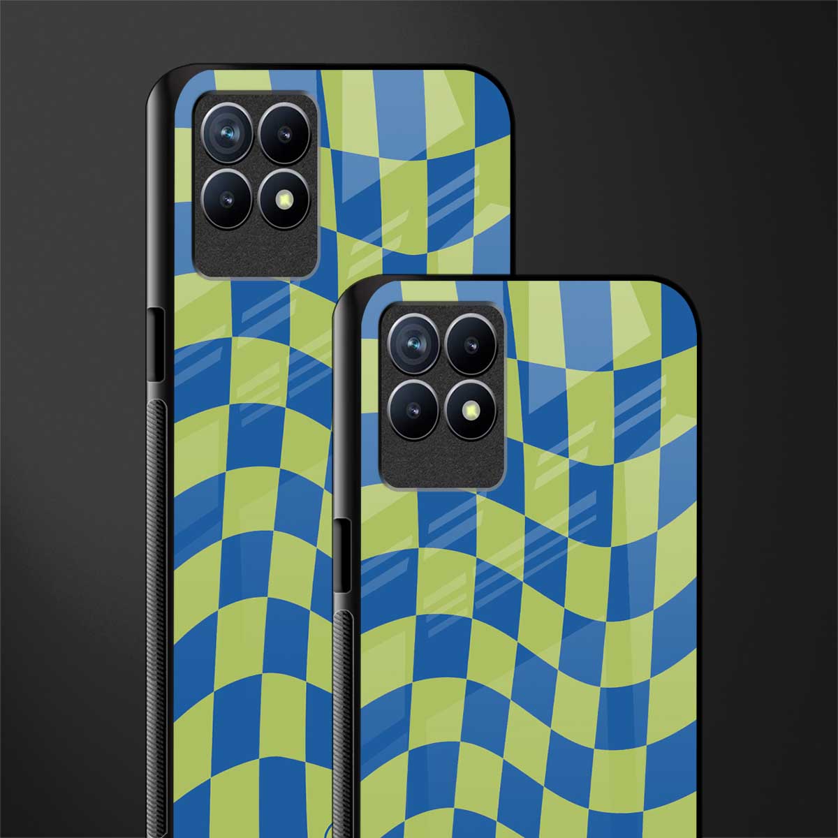 green blue trippy check pattern glass case for realme narzo 50 image-2