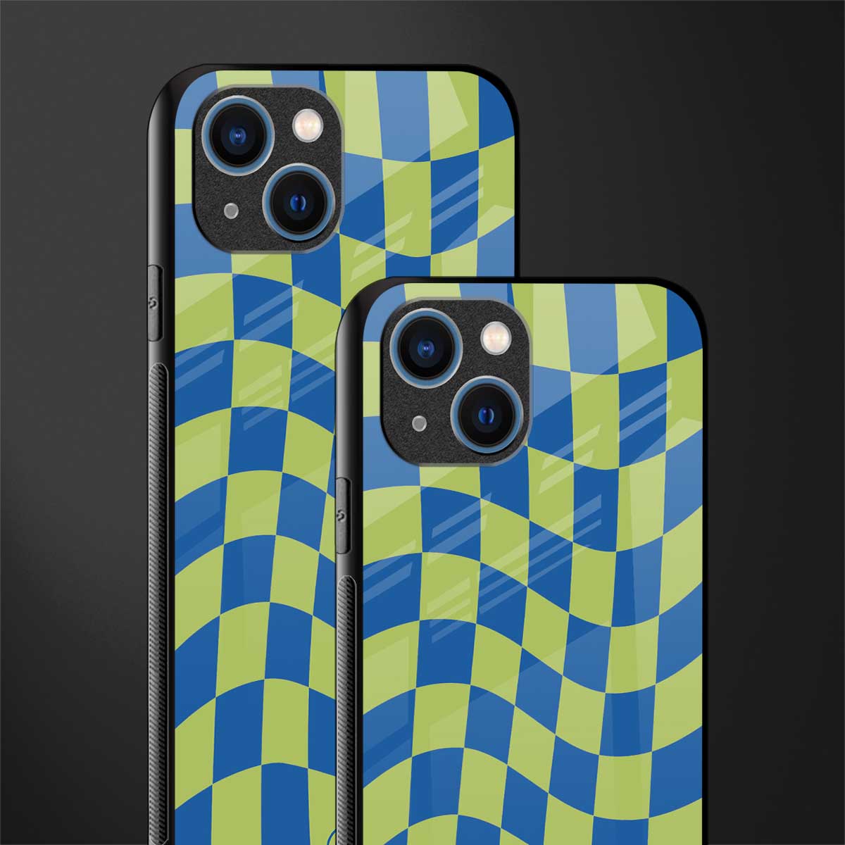 green blue trippy check pattern glass case for iphone 13 image-2