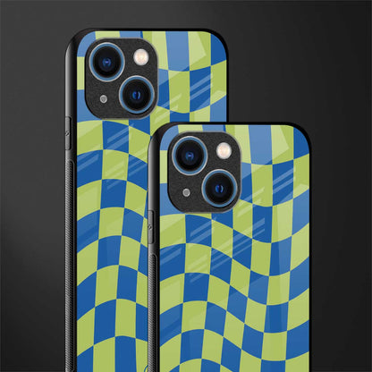 green blue trippy check pattern glass case for iphone 13 mini image-2