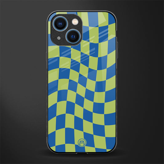 green blue trippy check pattern glass case for iphone 13 mini image