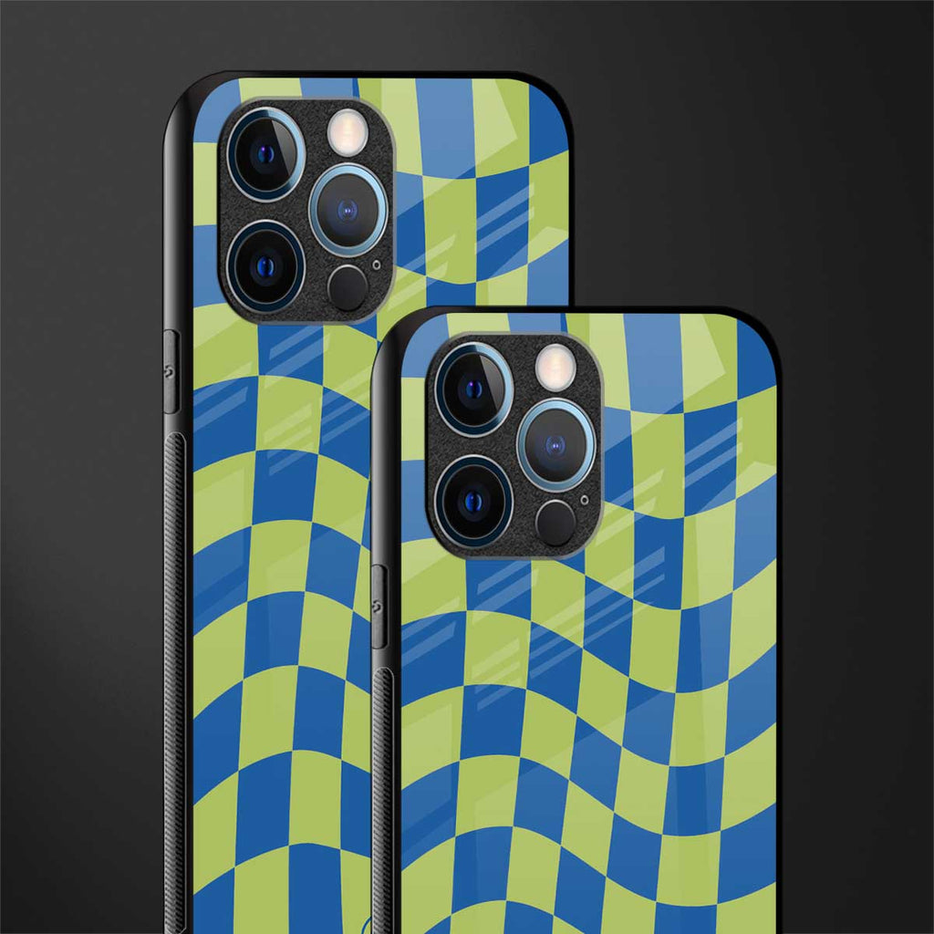 green blue trippy check pattern glass case for iphone 12 pro image-2