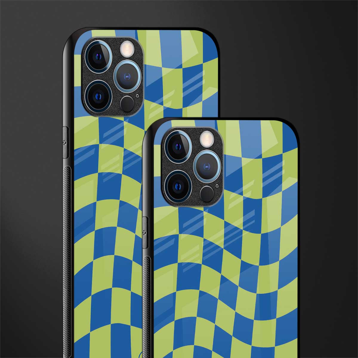 green blue trippy check pattern glass case for iphone 14 pro max image-2