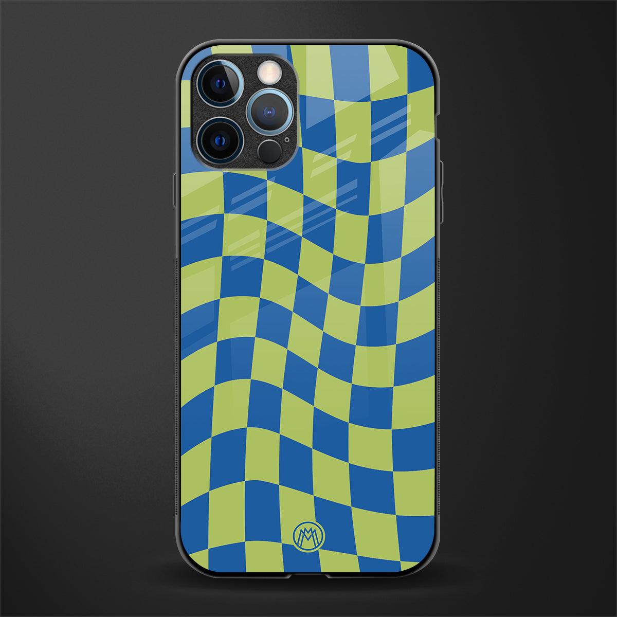 green blue trippy check pattern glass case for iphone 14 pro max image