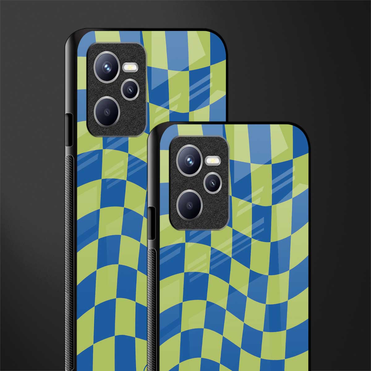 green blue trippy check pattern glass case for realme c35 image-2