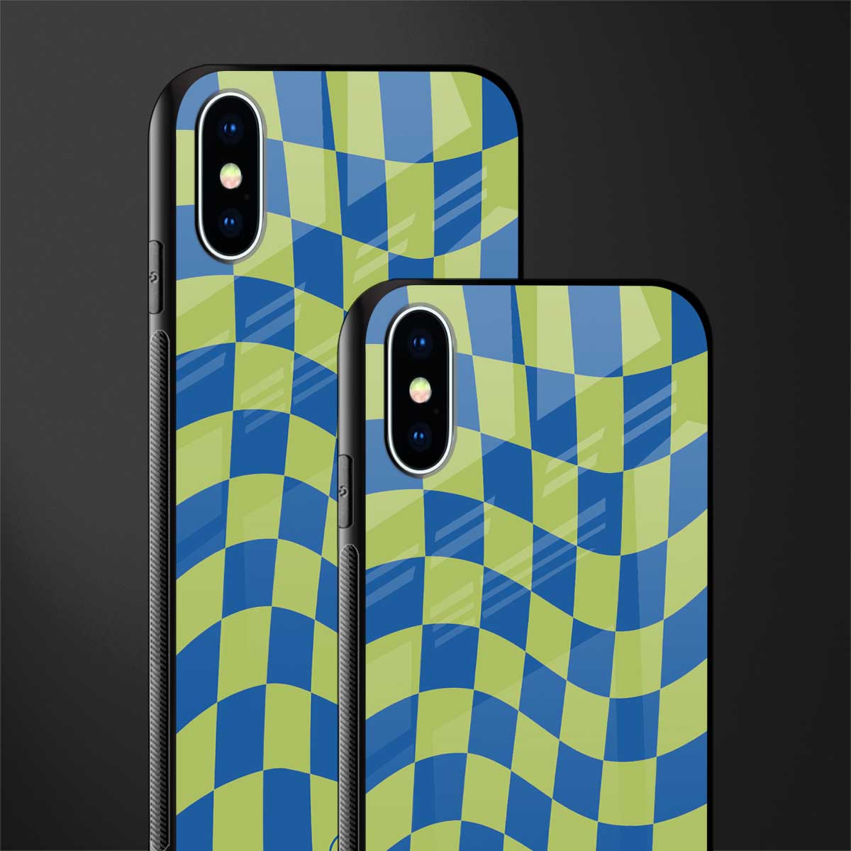 green blue trippy check pattern glass case for iphone xs image-2