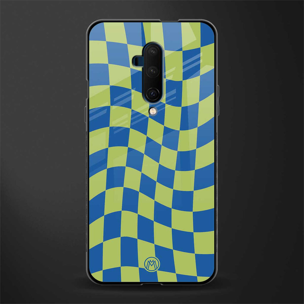 green blue trippy check pattern glass case for oneplus 7t pro image