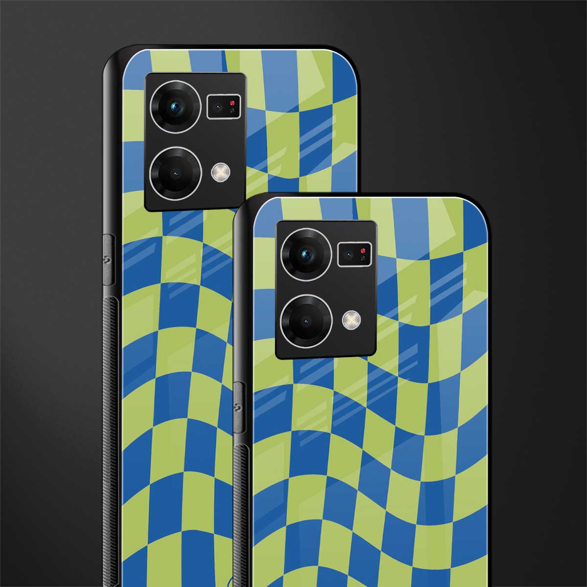 green blue trippy check pattern back phone cover | glass case for oppo f21 pro 4g