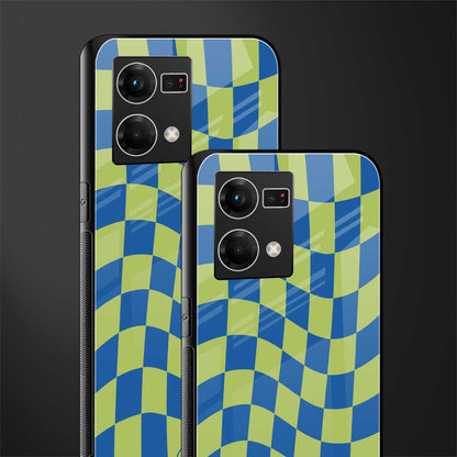 green blue trippy check pattern back phone cover | glass case for oppo f21 pro 4g