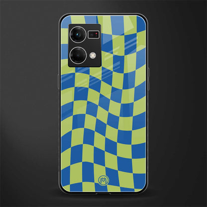 green blue trippy check pattern back phone cover | glass case for oppo f21 pro 4g