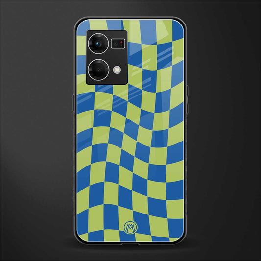 green blue trippy check pattern back phone cover | glass case for oppo f21 pro 4g