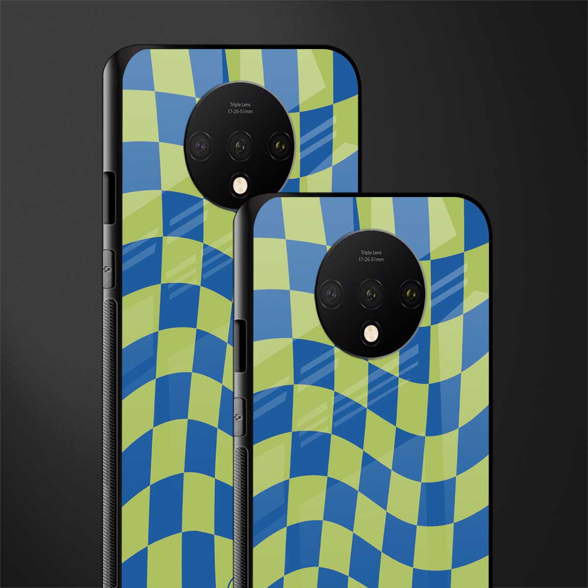 green blue trippy check pattern glass case for oneplus 7t image-2
