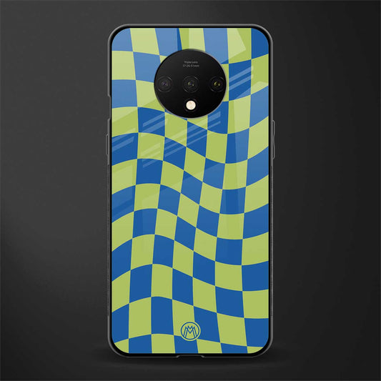 green blue trippy check pattern glass case for oneplus 7t image