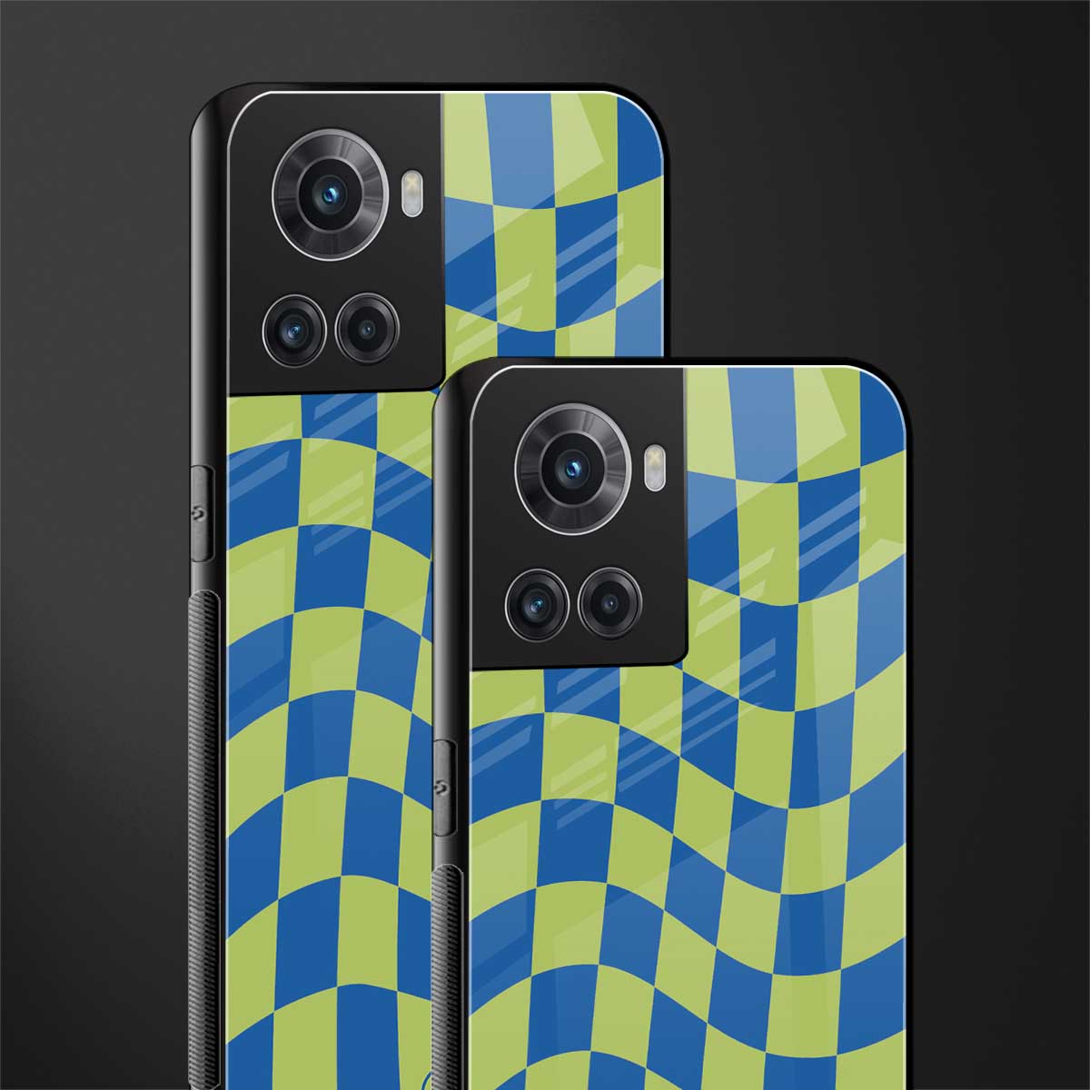 green blue trippy check pattern back phone cover | glass case for oneplus 10r 5g