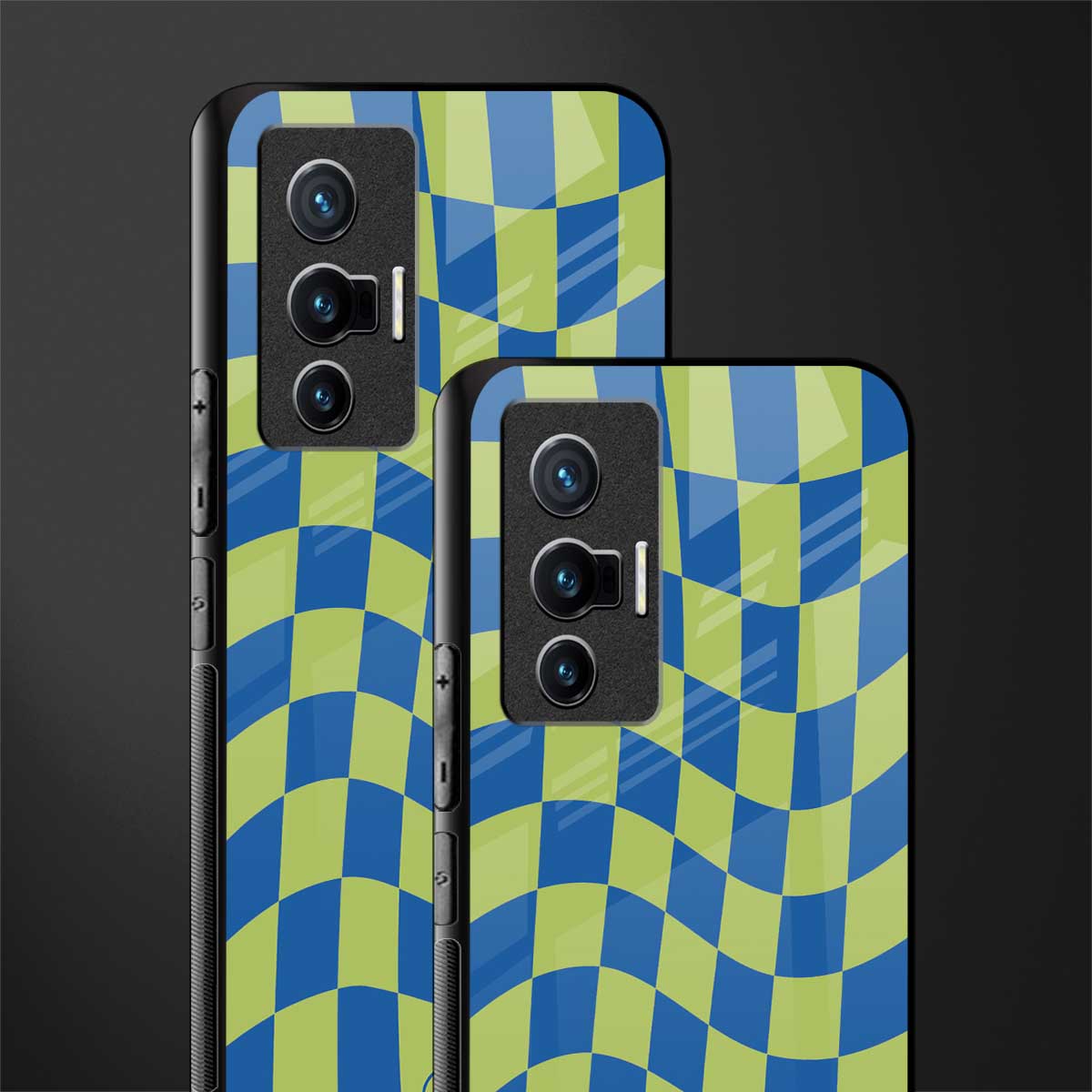 green blue trippy check pattern glass case for vivo x70 image-2