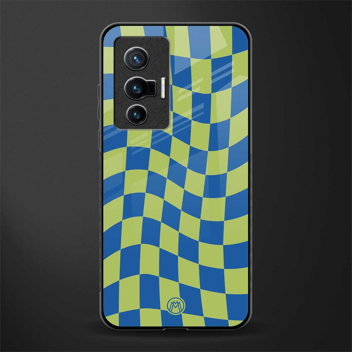 green blue trippy check pattern glass case for vivo x70 image