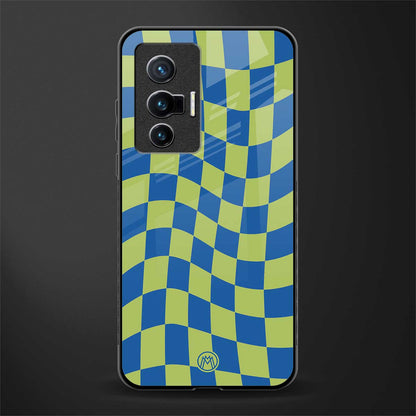 green blue trippy check pattern glass case for vivo x70 image