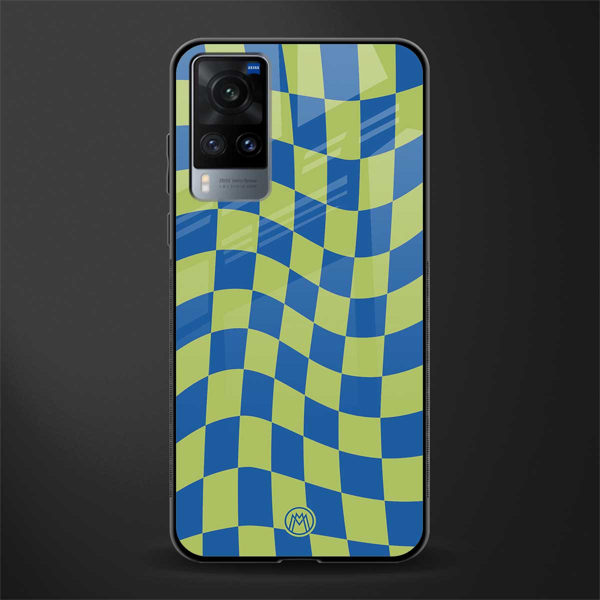 green blue trippy check pattern glass case for vivo x60 image