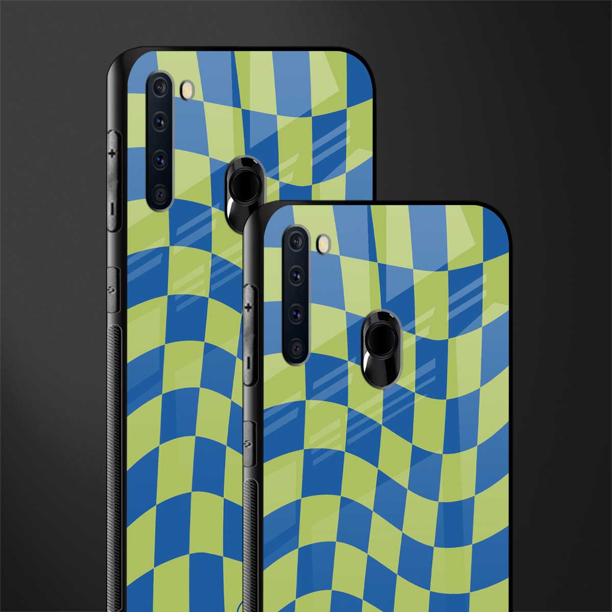 green blue trippy check pattern glass case for samsung a21 image-2