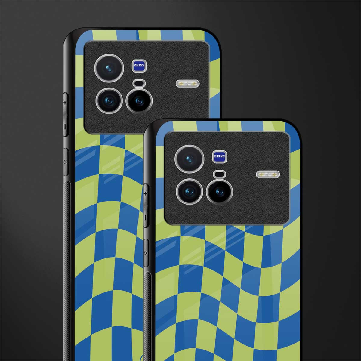 green blue trippy check pattern glass case for vivo x80 image-2