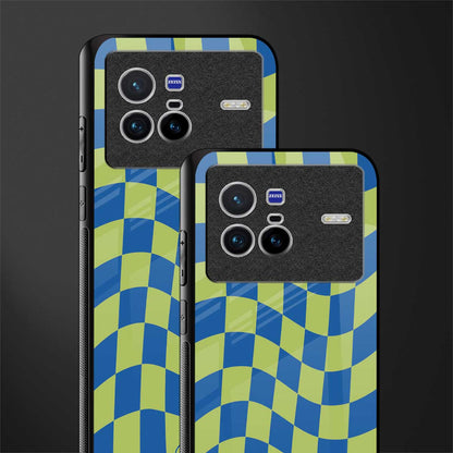 green blue trippy check pattern glass case for vivo x80 image-2