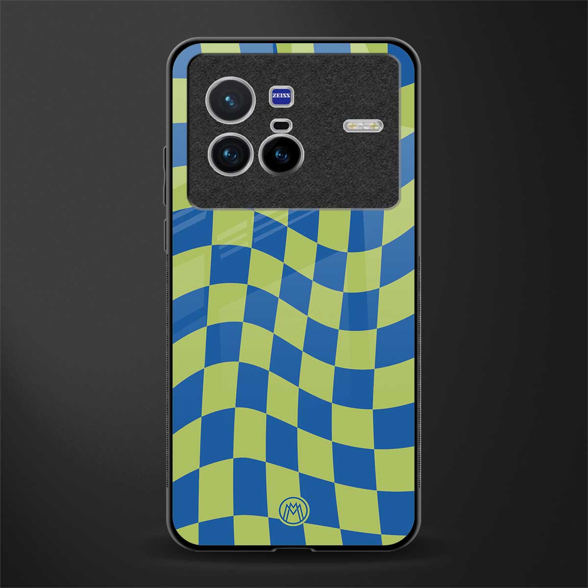 green blue trippy check pattern glass case for vivo x80 image