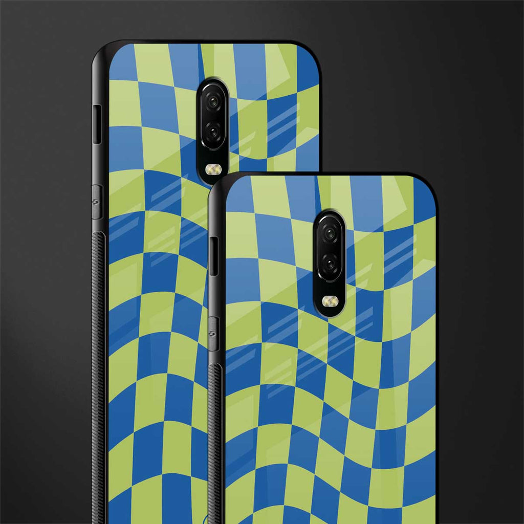 green blue trippy check pattern glass case for oneplus 6t image-2