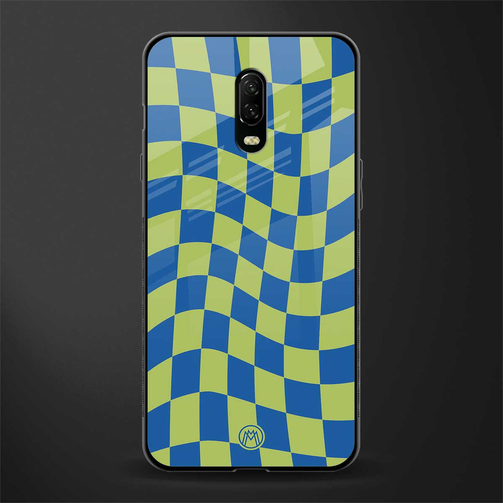 green blue trippy check pattern glass case for oneplus 6t image