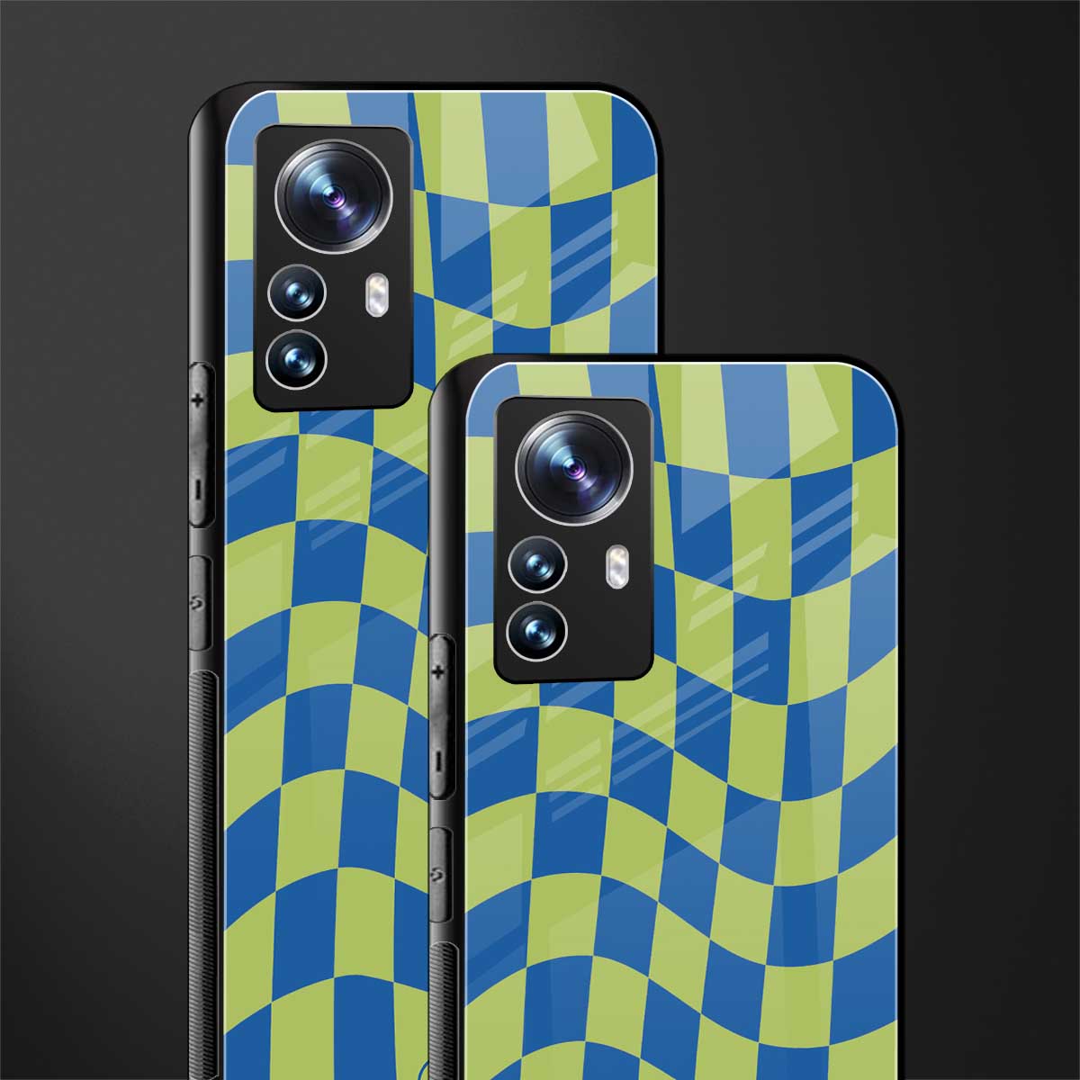 green blue trippy check pattern back phone cover | glass case for xiaomi 12 pro